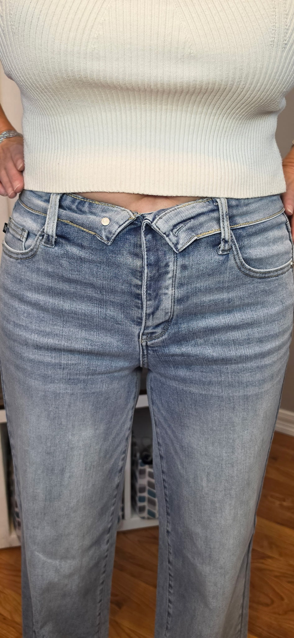 Judy Blue Mid Rise Retro Wide Leg Jeans with Fold-Over Waistband