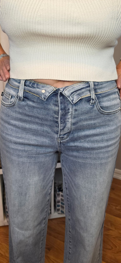 Judy Blue Mid Rise Retro Wide Leg Jeans with Fold-Over Waistband