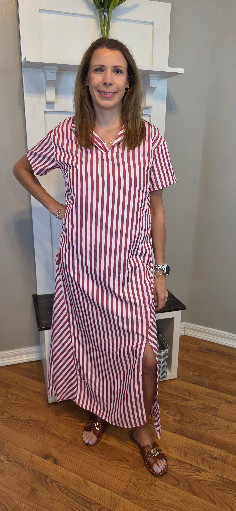 Striped High Slit Maxi Shirt Dress