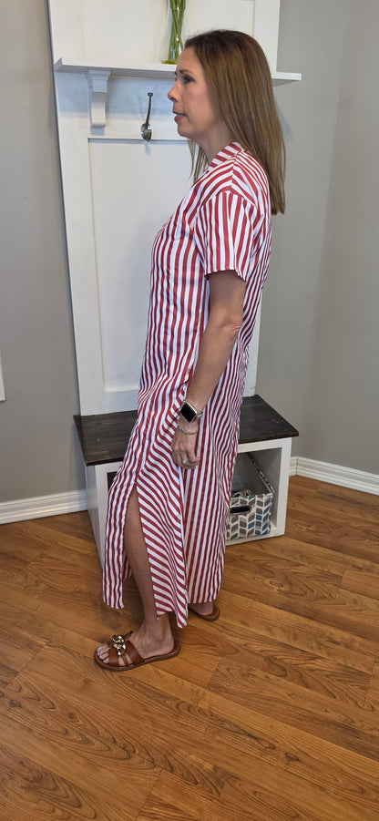 Striped High Slit Maxi Shirt Dress