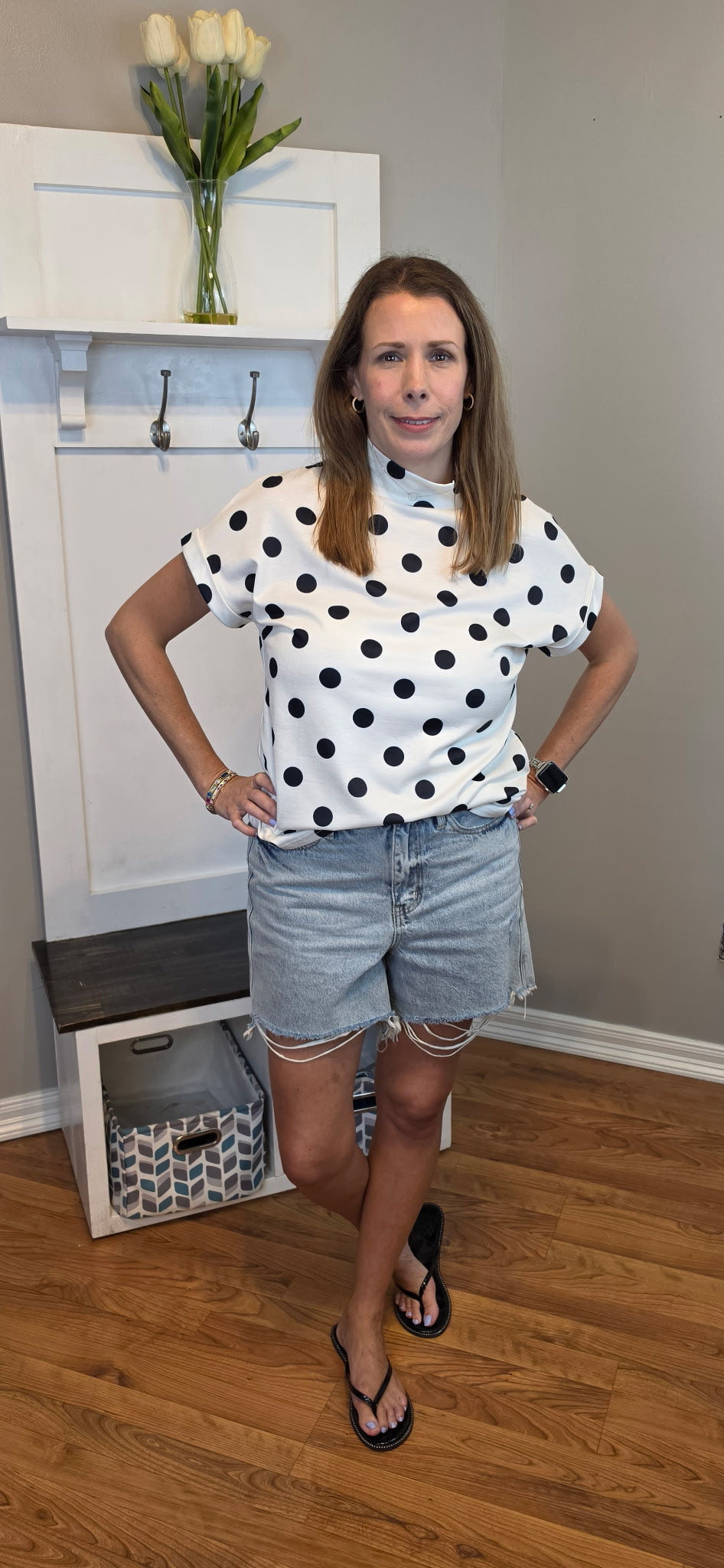 Polka Dot Print High Neck Dolman Top