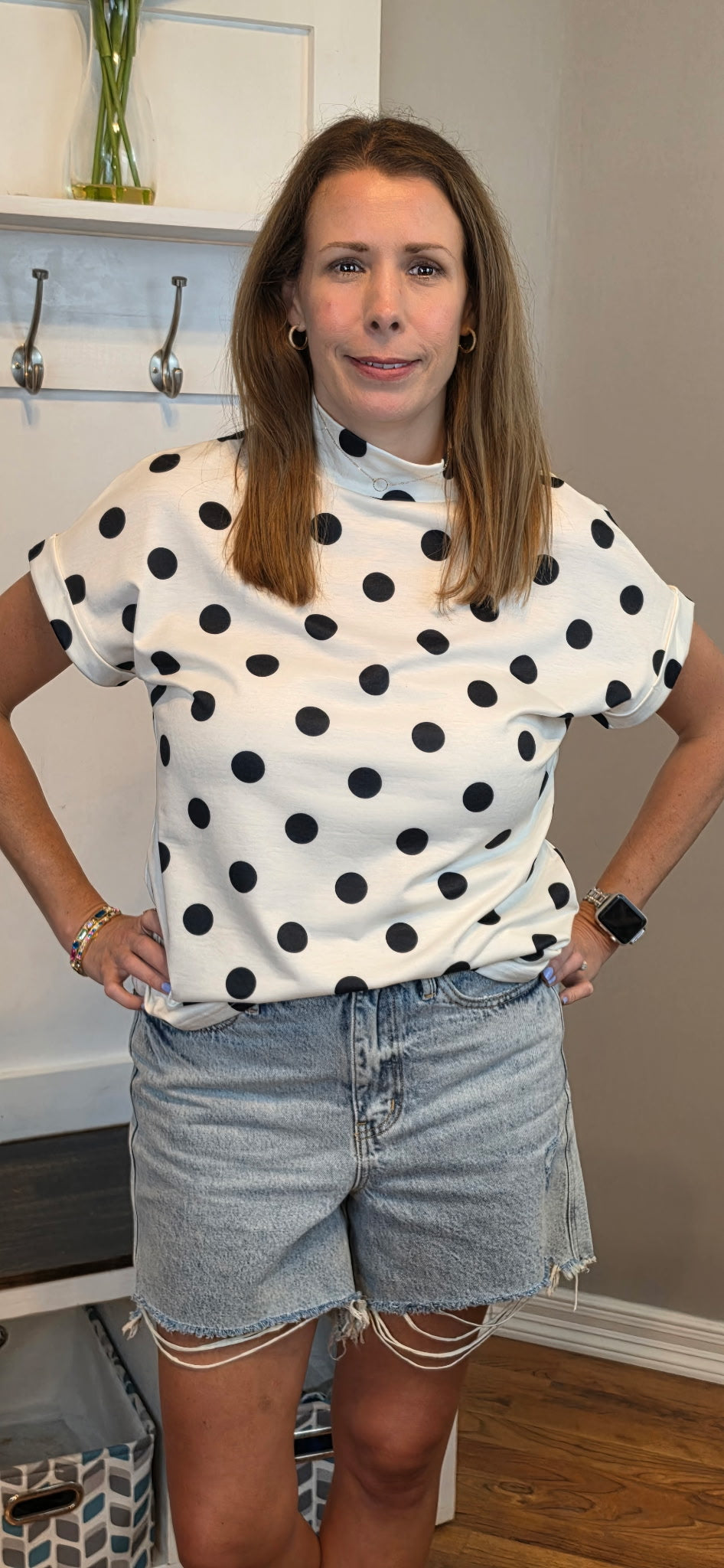 Polka Dot Print High Neck Dolman Top