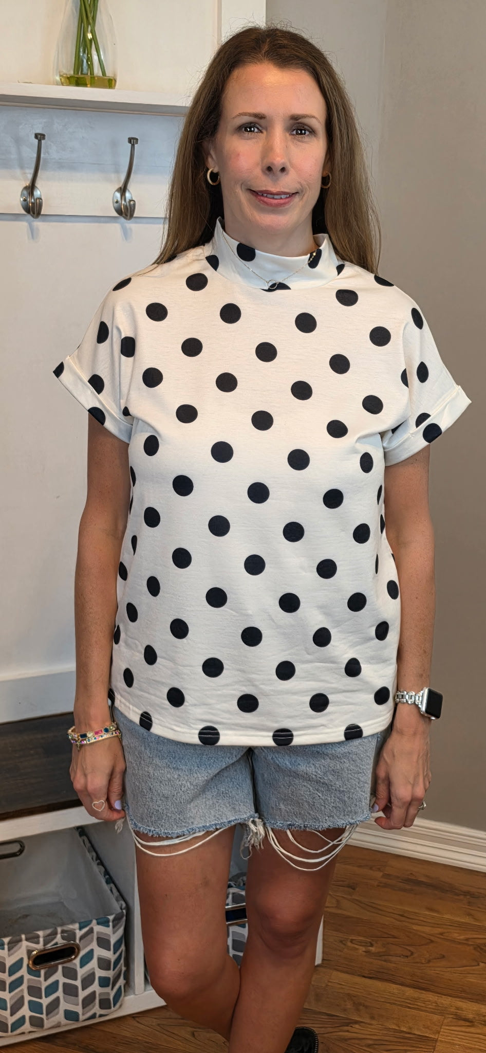 Polka Dot Print High Neck Dolman Top