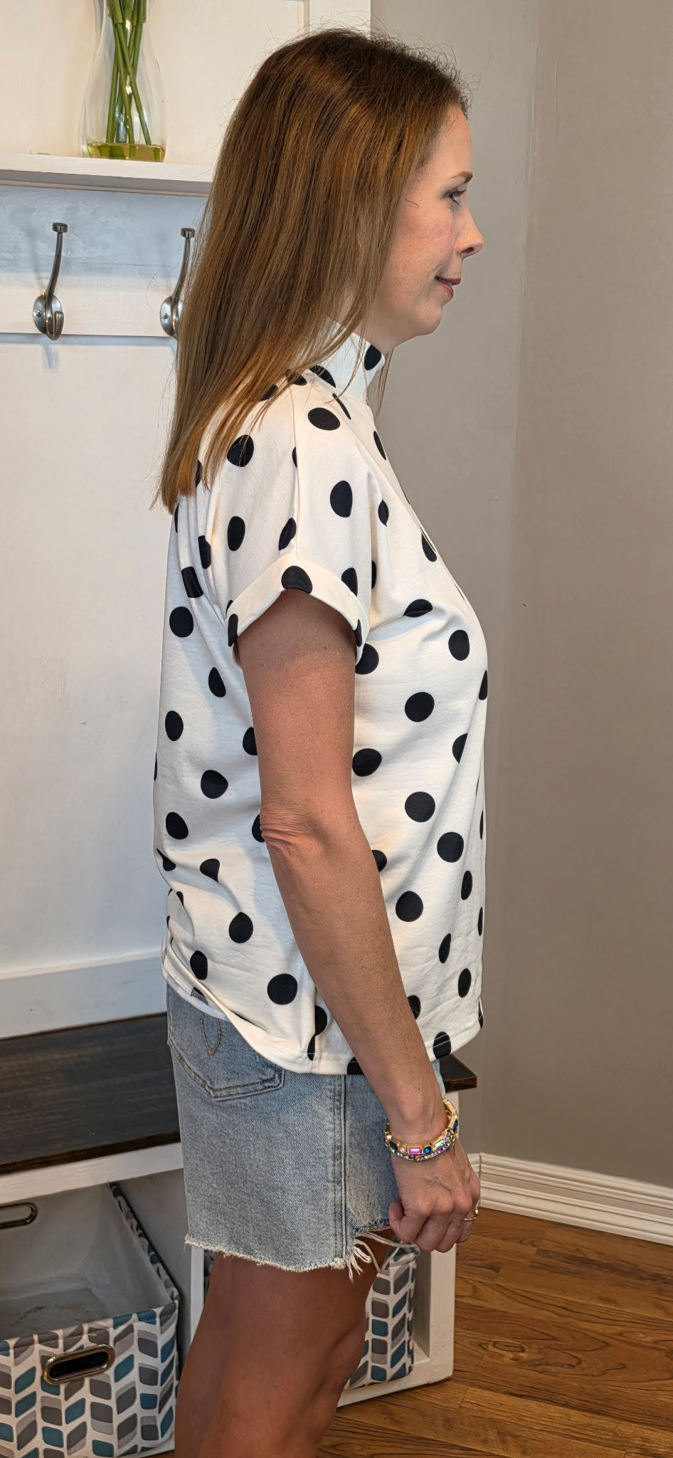 Polka Dot Print High Neck Dolman Top