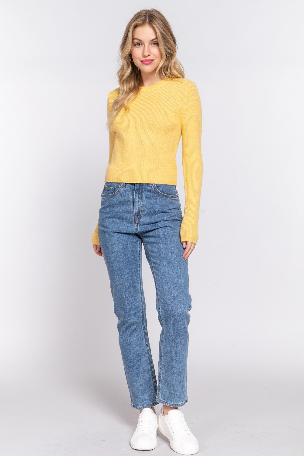 Long Sleeve Crew Neck Sweater Top - Yellow image 1