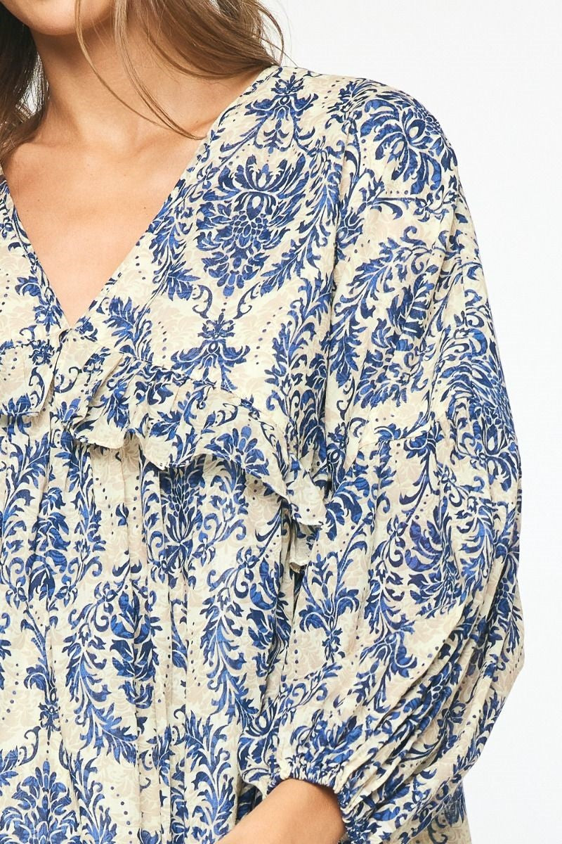 Midnight Blue Printed babydoll long sleeve top featuring ruffle detail. image 2