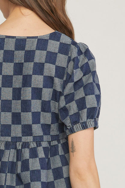 Checkered print denim square neck puff sleeve peplum top. image 6