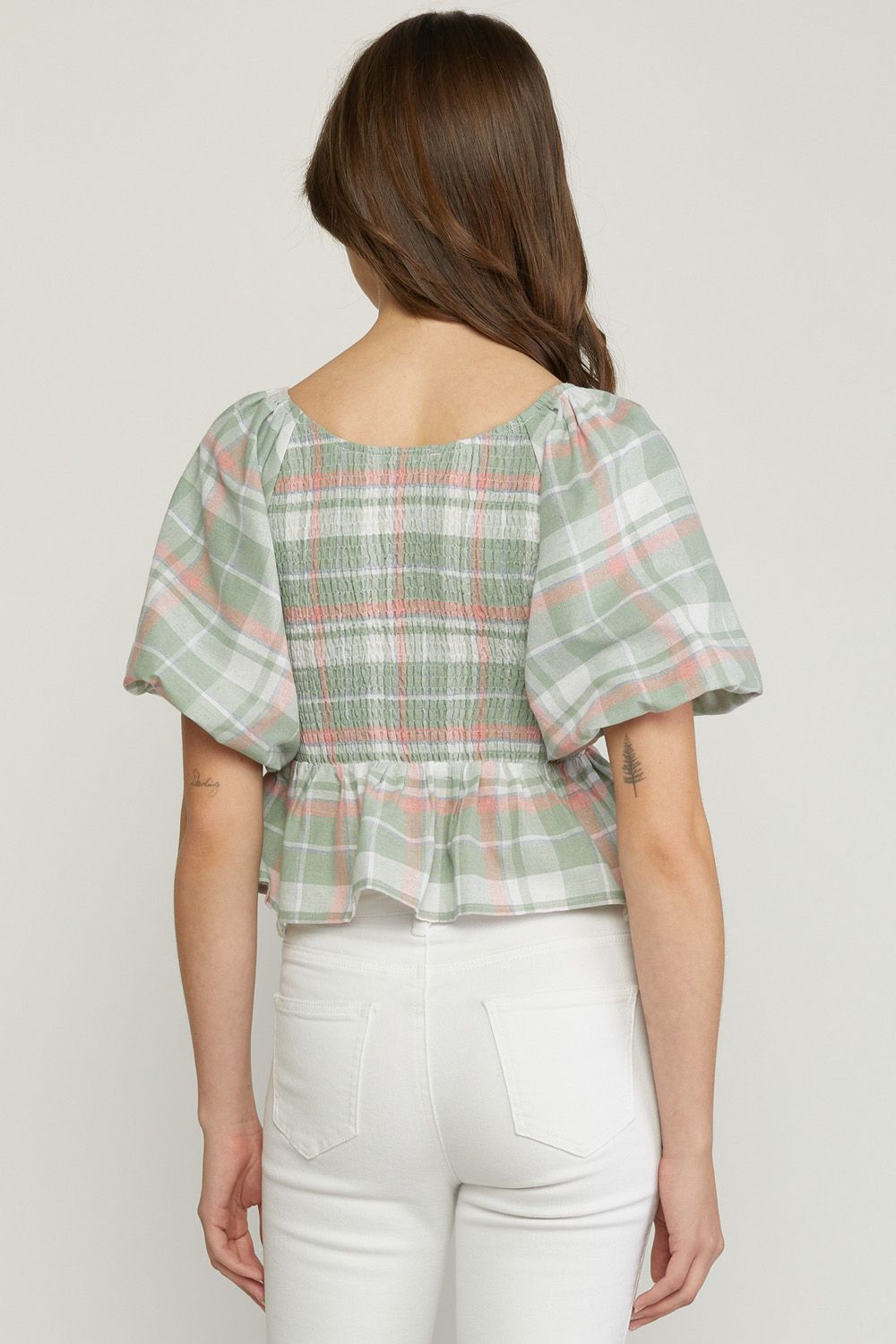 Sage plaid print v neck bubble sleeve peplum top image 3