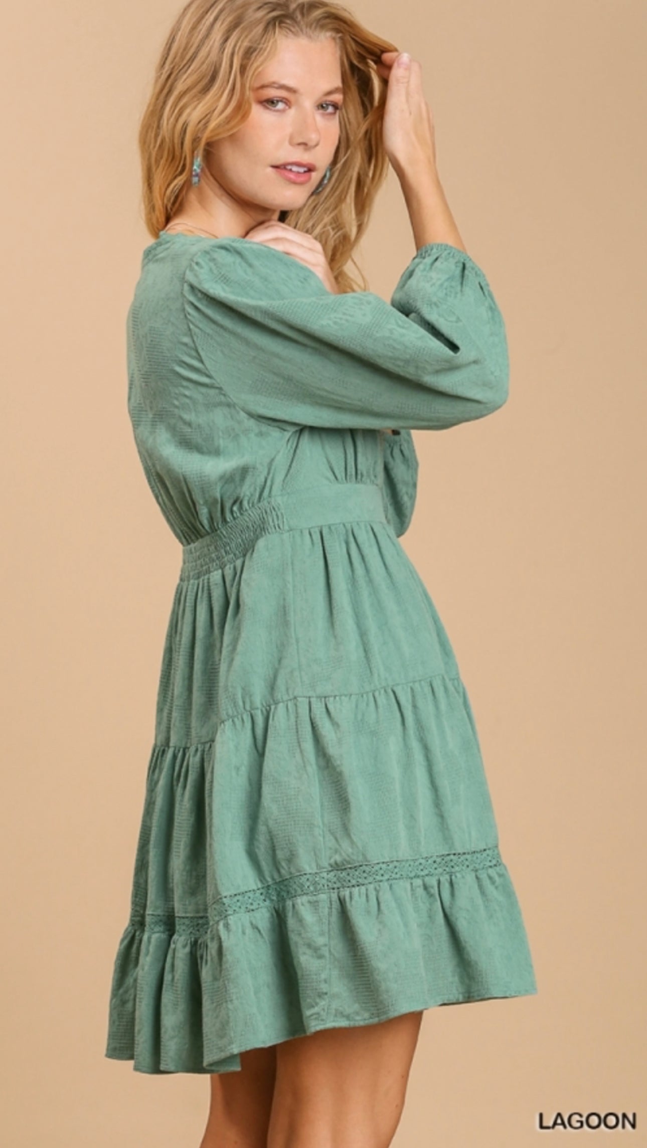 Lagoon Eyelet Detail Tiered Dress 3/4 Sleeves with No Lining image 3