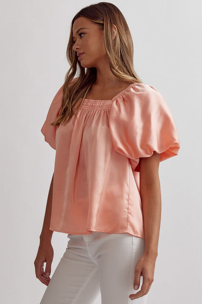 Peach satin square neck bubble sleeve top image 1