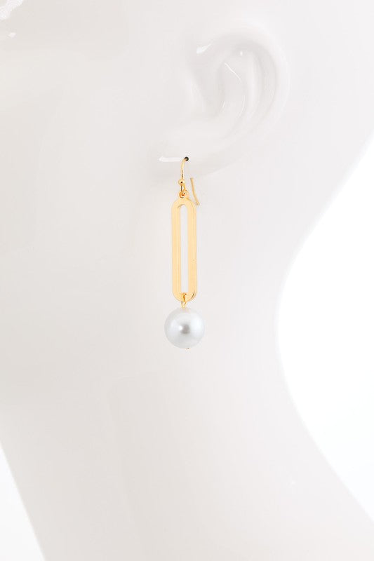 Gold pearl oval metal fishhook earrings image 2