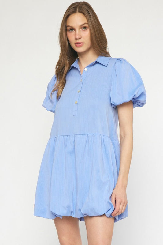 Chambray solid collared button up dress featuring bubble hem image 0