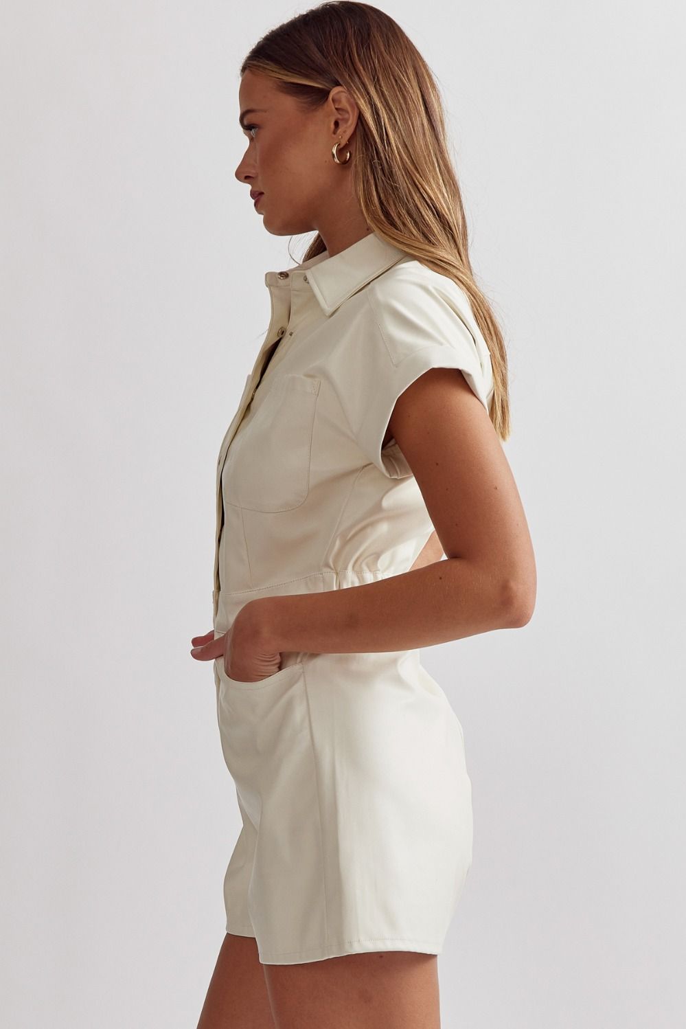 Faux leather collared button up romper  image 2