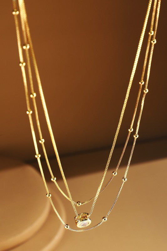 Gold brass 3 layer necklace with rhinestone pendant image 1