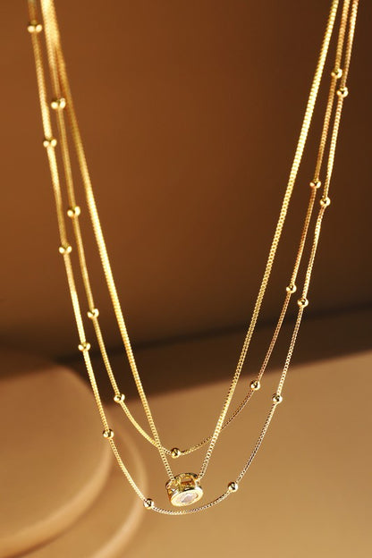 Gold brass 3 layer necklace with rhinestone pendant image 1