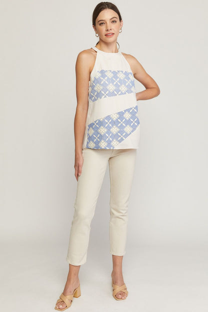 Solid halter neck sleeveless top featuring crochet detail at front. image 4