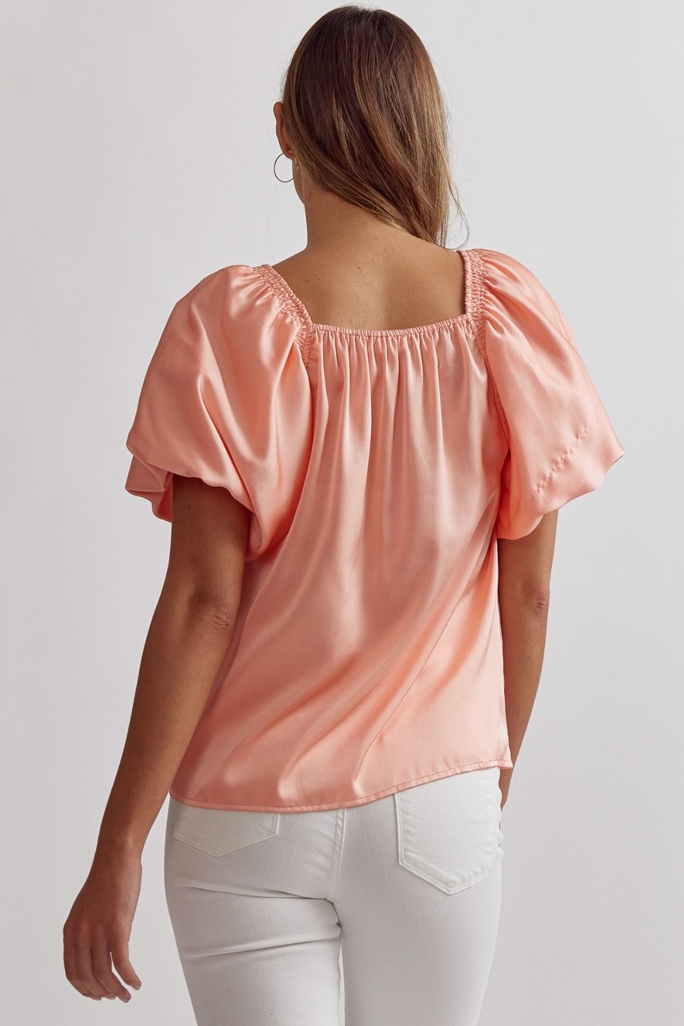 Peach satin square neck bubble sleeve top image 3