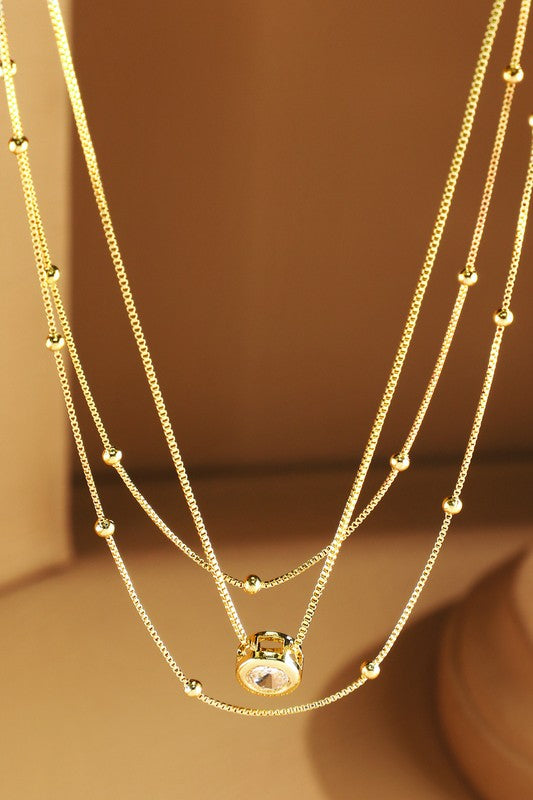 Gold brass 3 layer necklace with rhinestone pendant image 0