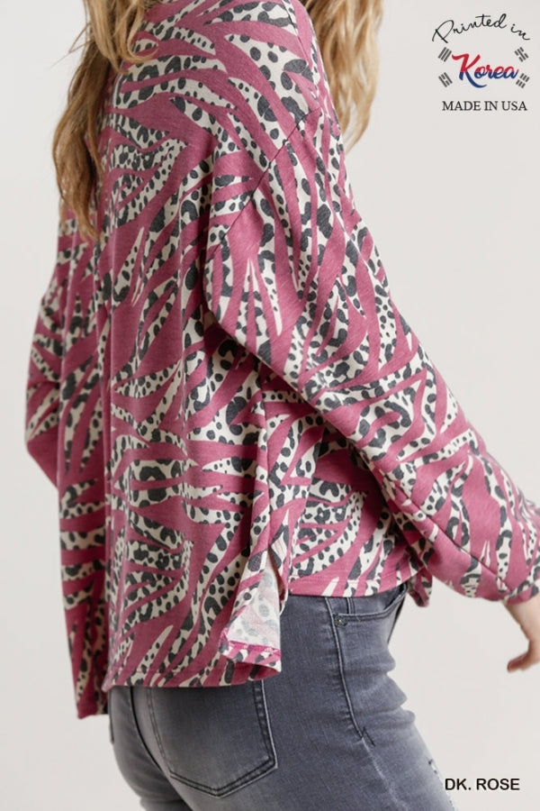 Dk Rose French Terry Animal Print Round Neck Long Sleeve Top with Side Slits image 2