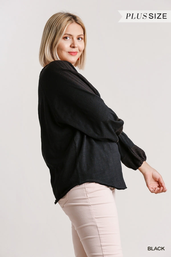 Wide Neck Top with Raw Edged Details and Contrast Knit on Puff Sleeves image 3