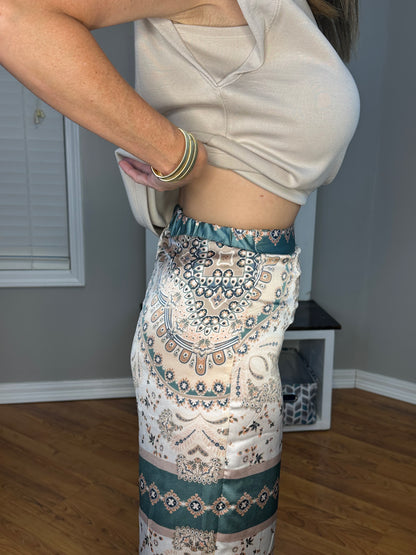 Satin Print High Waisted Wide Leg Pants