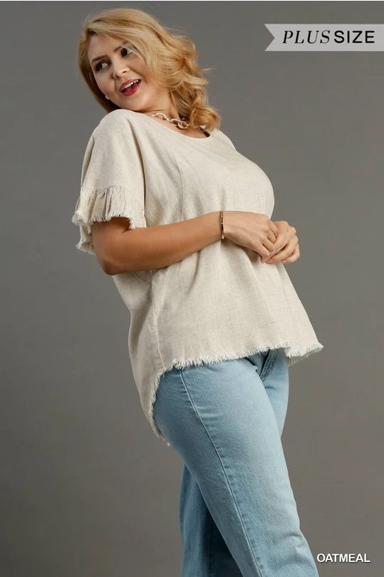 Oatmeal Color Linen Blend Round Neck Ruffle Sleeves Top image 2