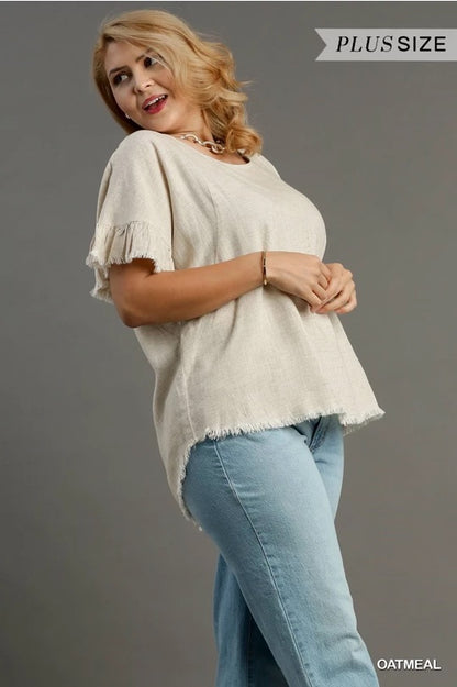 Oatmeal Color Linen Blend Round Neck Ruffle Sleeves Top image 2