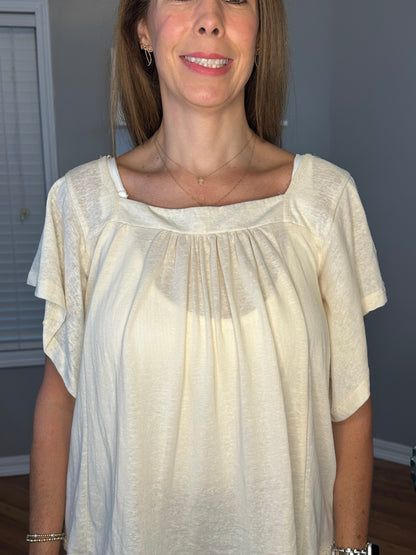 Square Neck Wide Sleeve Top with Knit Hem Detail and Back Tie