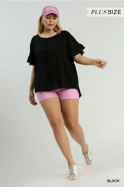 Black Linen Blend Round Neck Ruffle Sleeves Top image 1