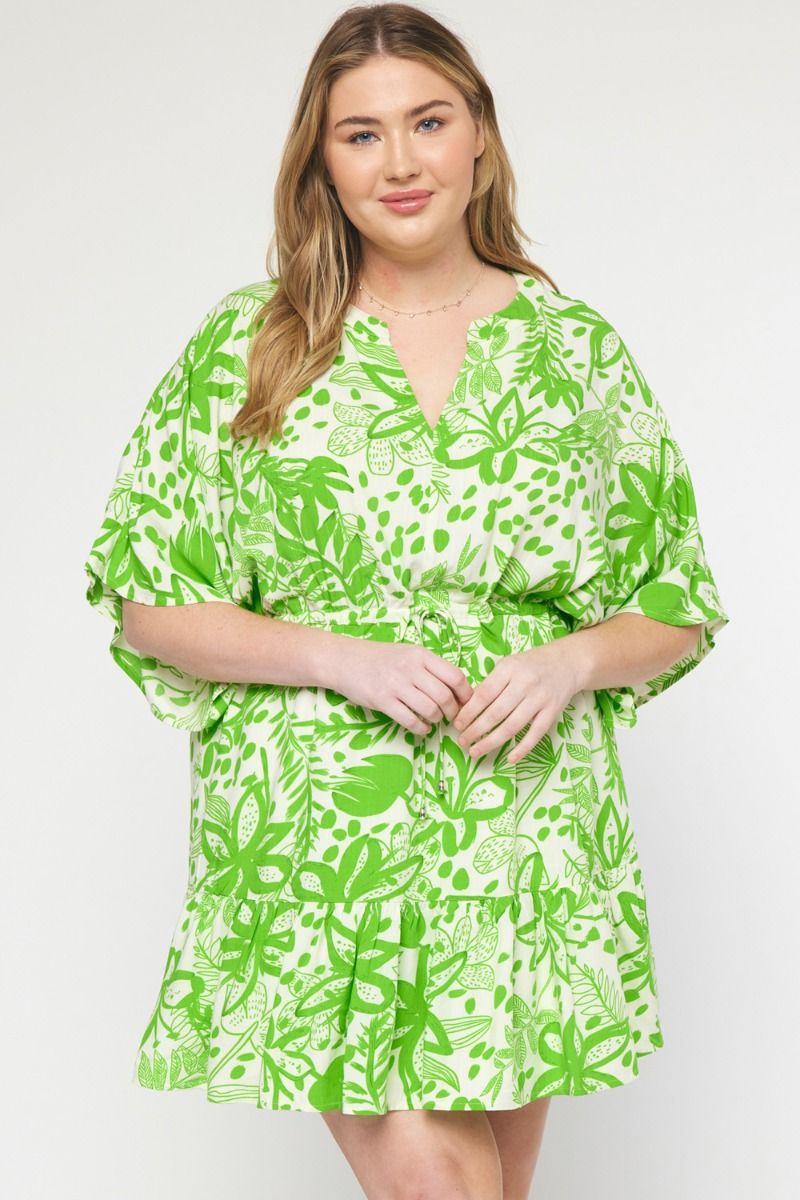 Green floral print v-neck 1/2 sleeve mini dress image 7