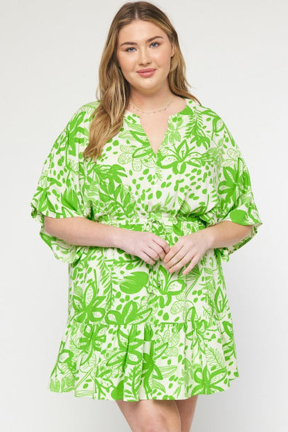 Green floral print v-neck 1/2 sleeve mini dress image 7