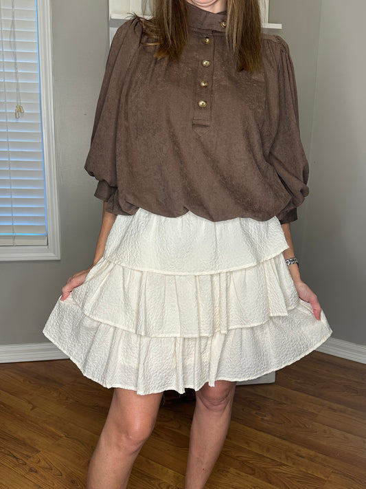 White Textured Ruffle Tiered Mini Skirt