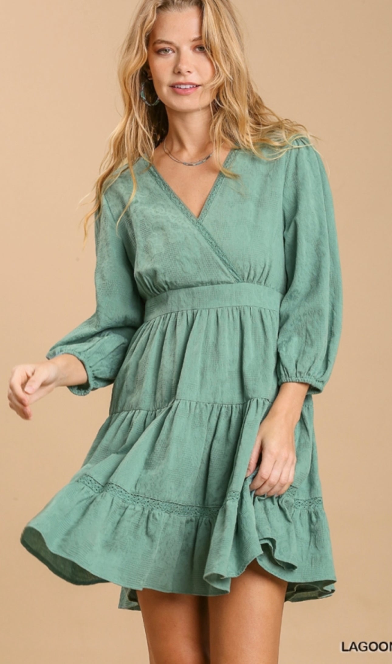 Lagoon Eyelet Detail Tiered Dress 3/4 Sleeves with No Lining image 1