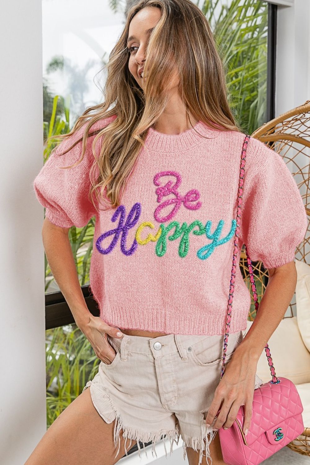 BiBi Metallic Letter Short Puff Sleeve Hairy Sweater