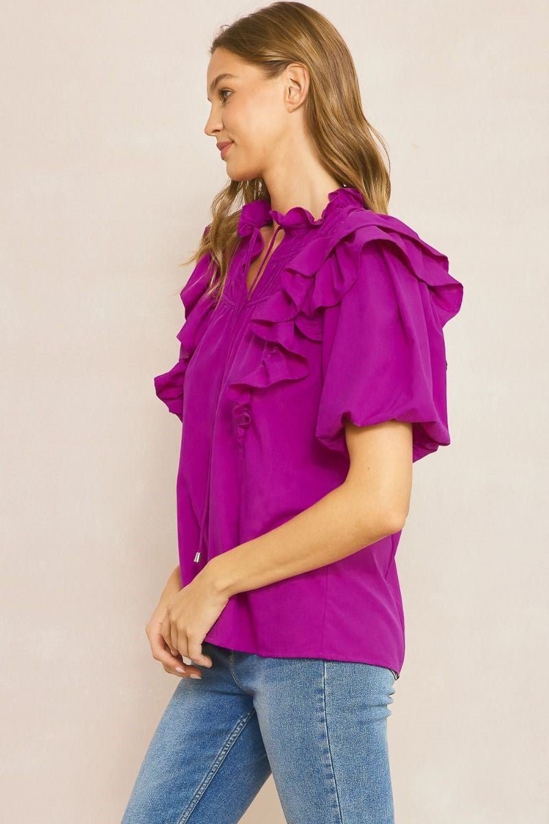 Solid Orchid Color Bubble Sleeve Top image 7