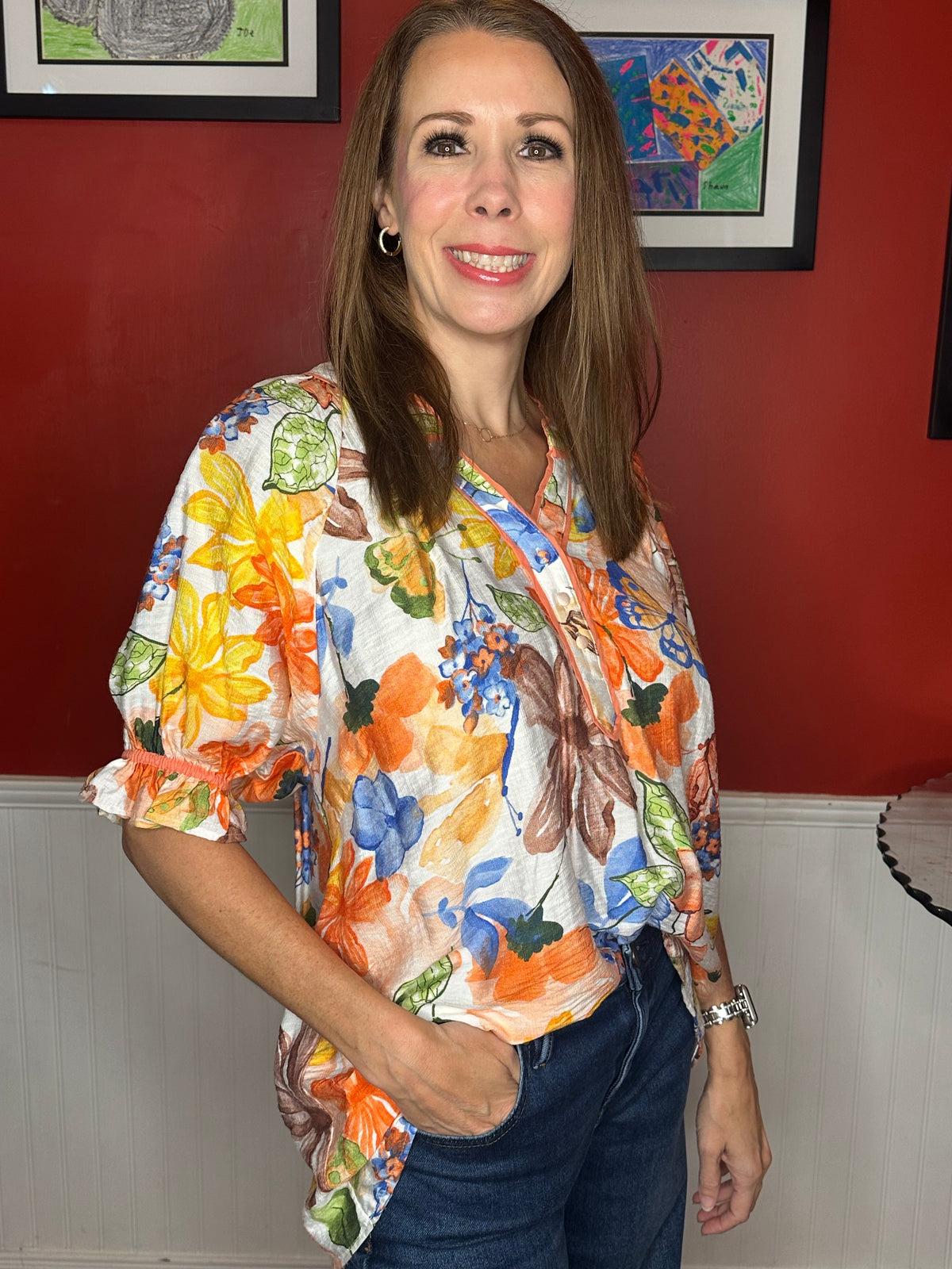 Umgee Watercolor Floral Print Top with High-Low Hem