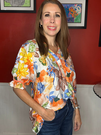 Umgee Watercolor Floral Print Top with High-Low Hem