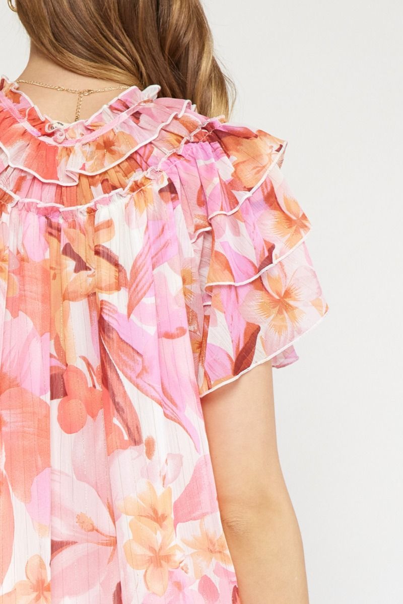 Floral print v-neck ruffle sleeve top featuring self tie at front neck. image 6