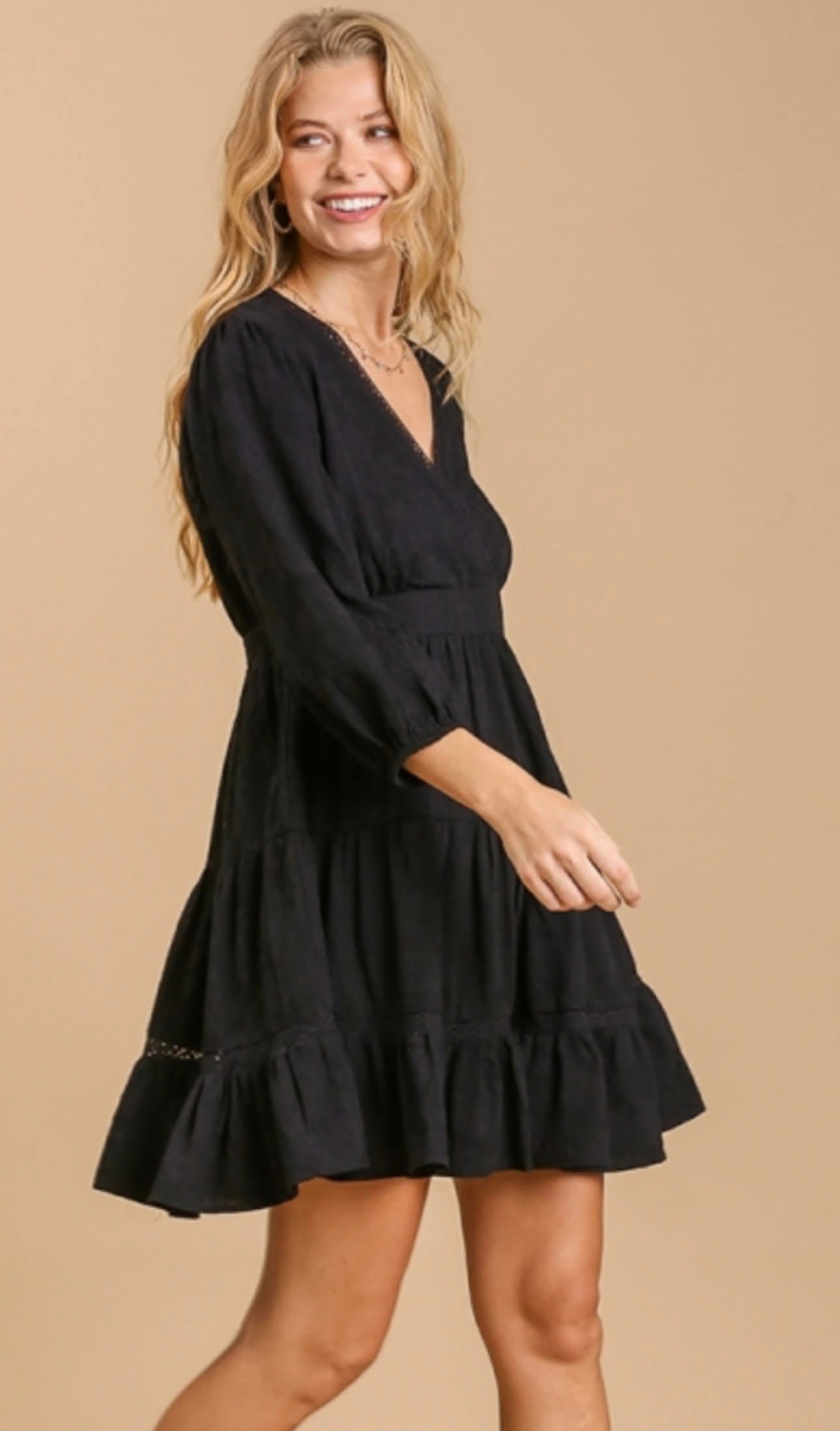 Black Eyelet Detail Tiered Dress 3/4 Sleeves with No Lining image 3