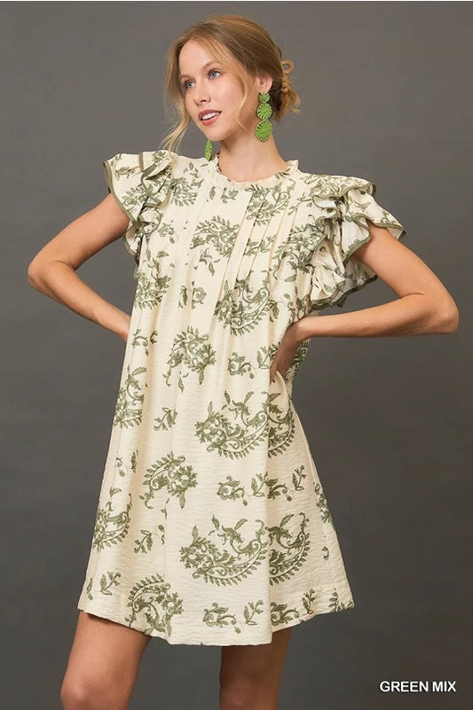 Green Paisley Print Tiered Mini Dress image 0