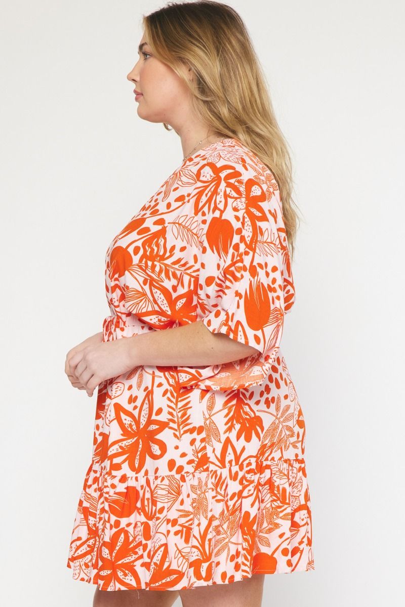 Orange Floral print v-neck 1/2 sleeve mini dress image 9