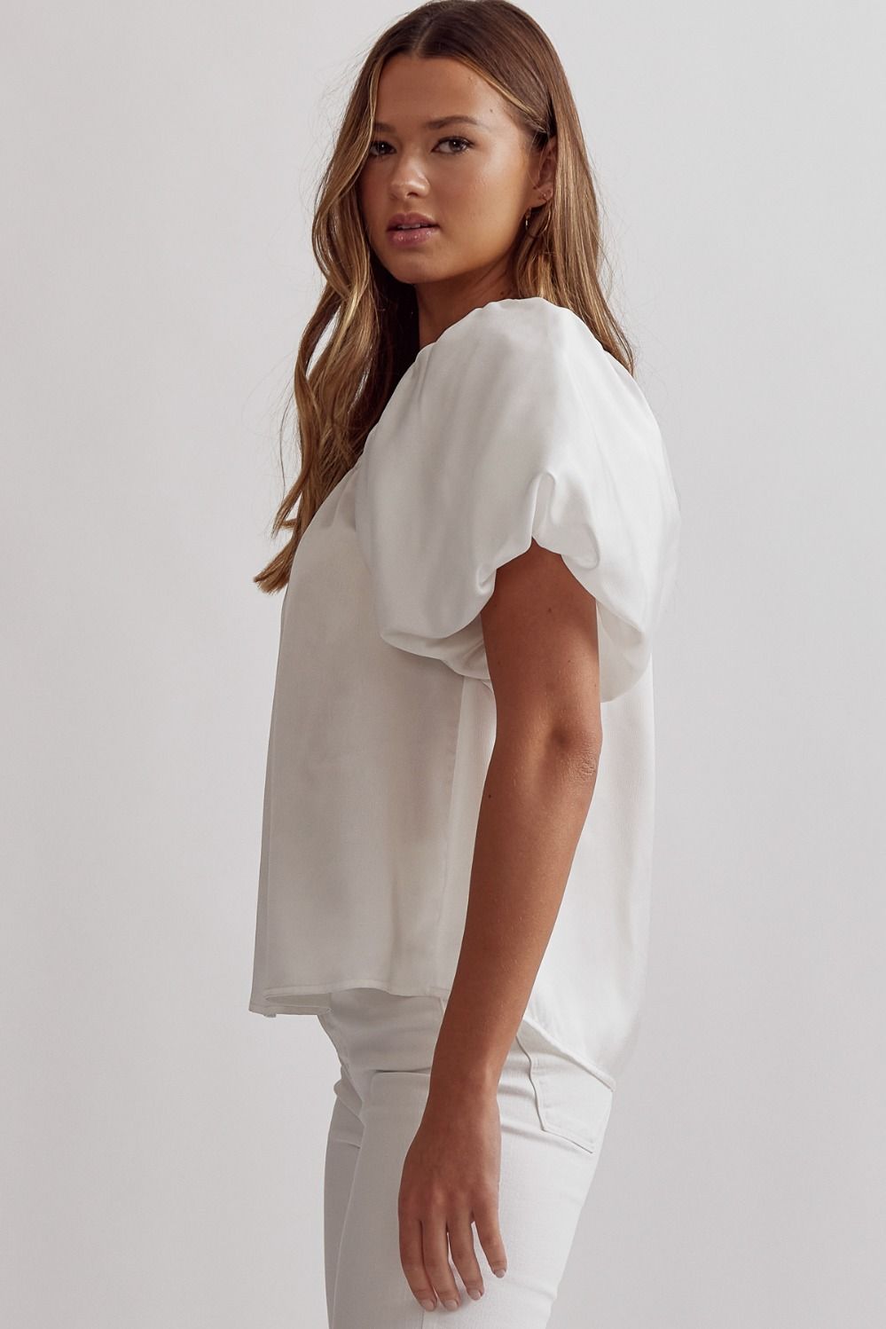 Off white satin square neck bubble sleeve top image 2