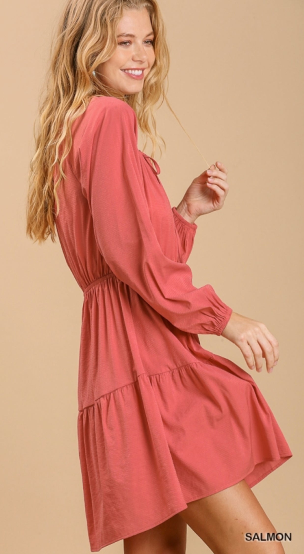 Salmon Eyelet Detail Tiered Dress 3/4 Sleeves with No Lining image 4