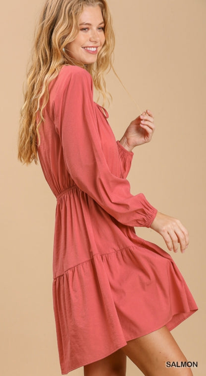 Salmon Eyelet Detail Tiered Dress 3/4 Sleeves with No Lining image 4