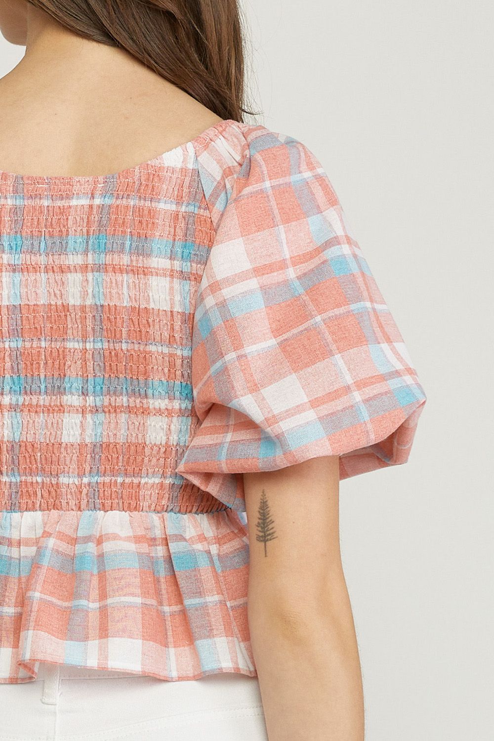 Peach plaid print v neck bubble sleeve peplum top image 6