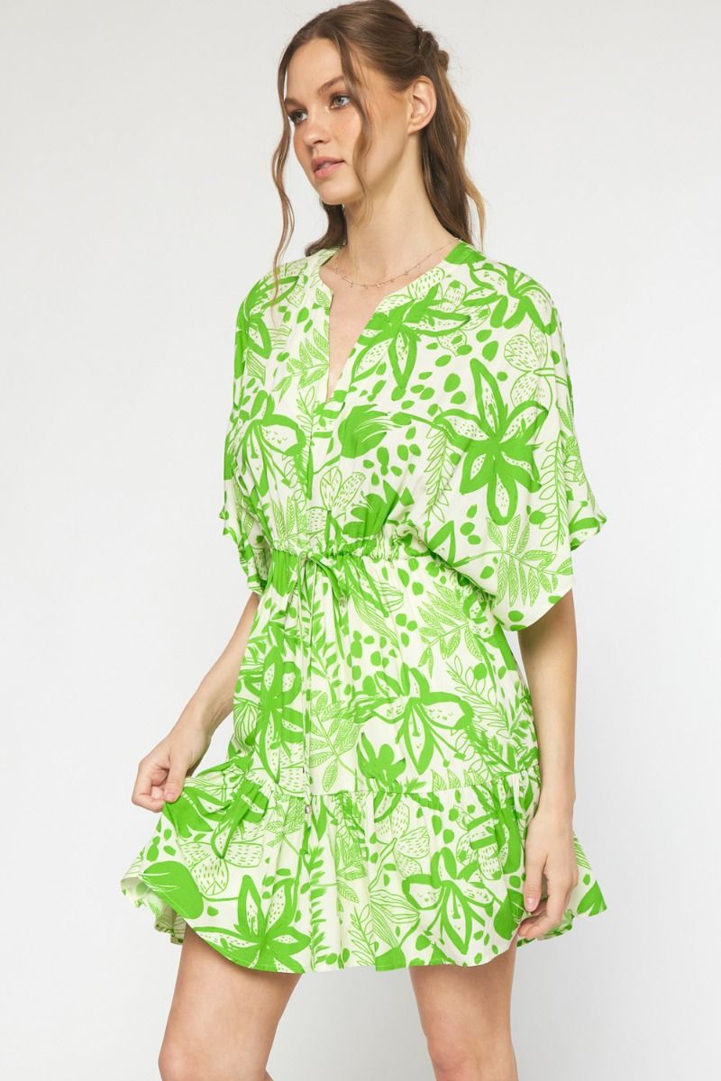 Green floral print v-neck 1/2 sleeve mini dress image 1