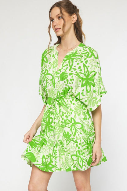 Green floral print v-neck 1/2 sleeve mini dress image 1