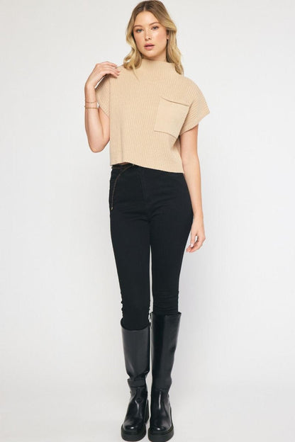 Solid knitted mock neck cropped top featuring single pocket detail. image 5