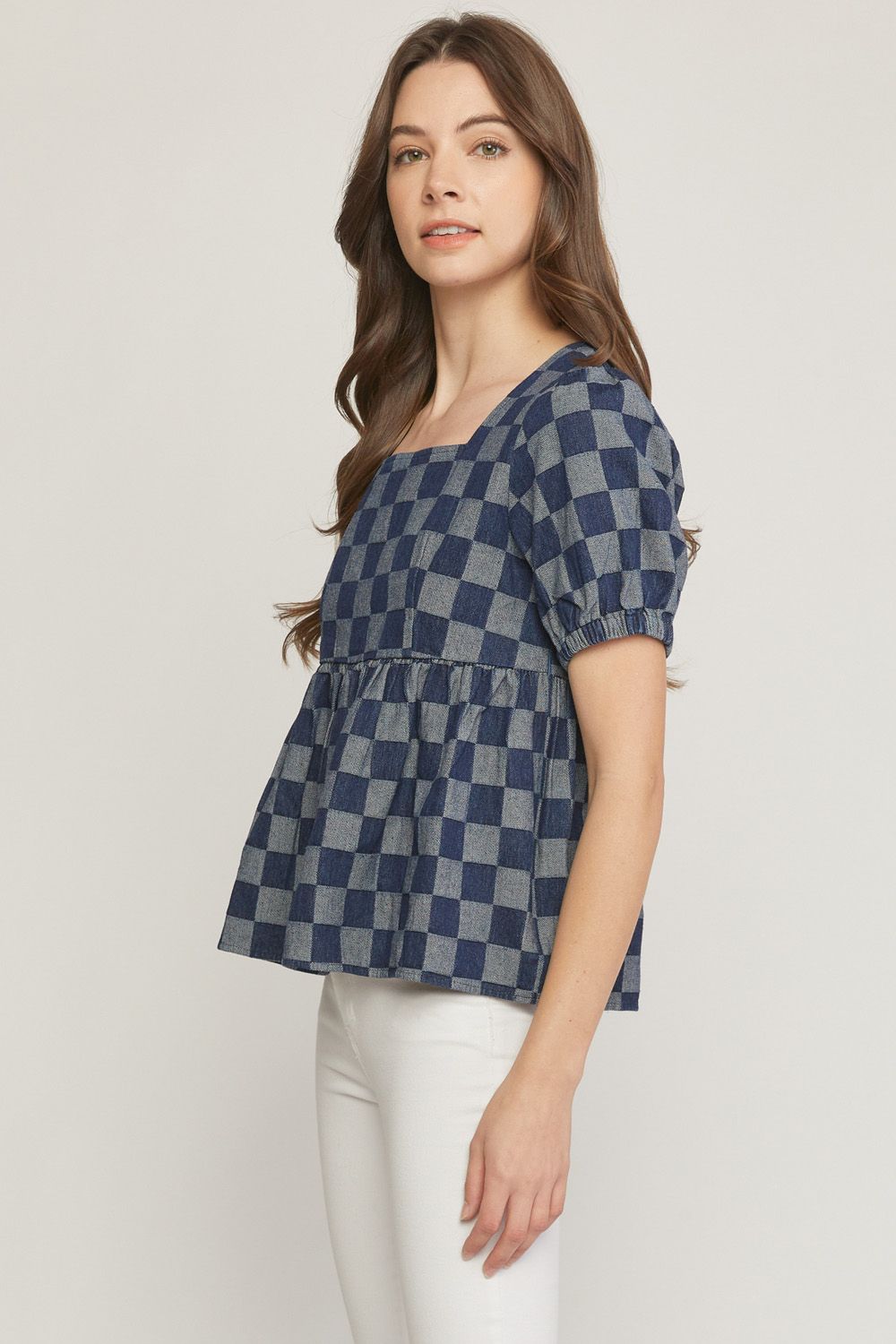 Checkered print denim square neck puff sleeve peplum top. image 1