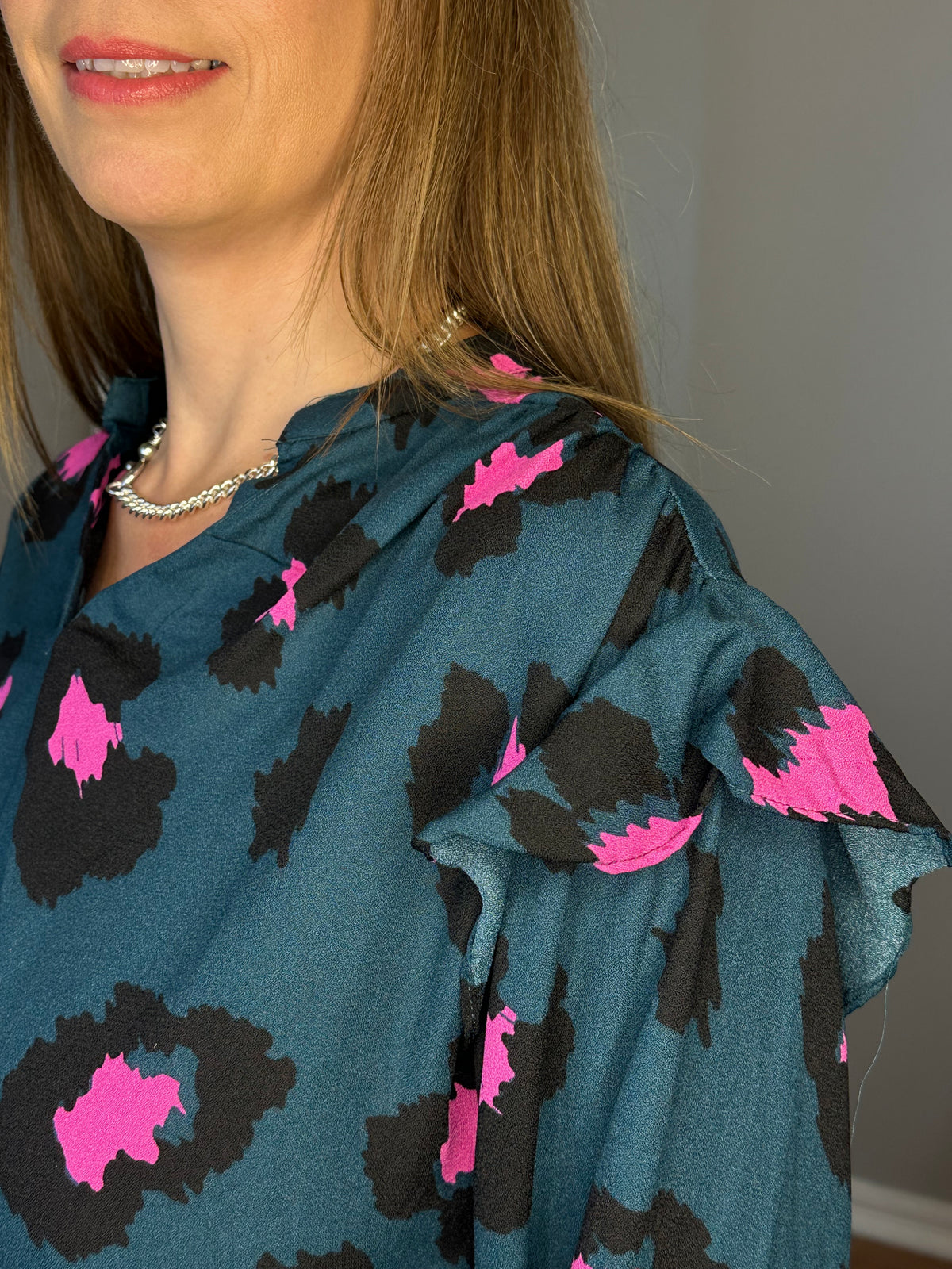 Leopard Print Split Neck Long Sleeve Blouse